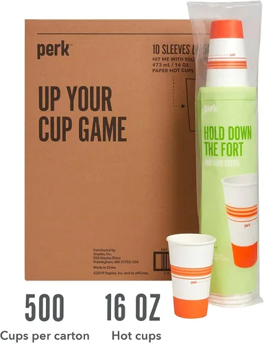 Vista 5 de Staples Perk - Vasos calientes de papel de 16 onzas, 500 unidades de tazas de café desechables a granel para bebidas calientes, blanco/naranja