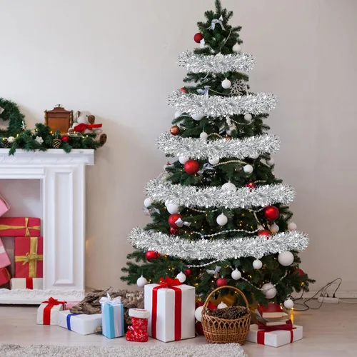 Vista 4 de Guirnalda de oropel plateado de 50 pies para decoraciones de árbol de Navidad, guirnalda metálica brillante con torsión colgante para Navidad