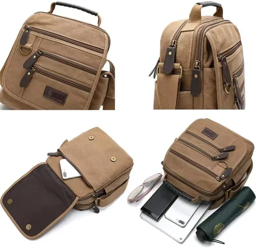 Vista 2 de Bolso bandolera de lona para hombre, bolso bandolera pequeño, bolso de trabajo, multifunción, vintage