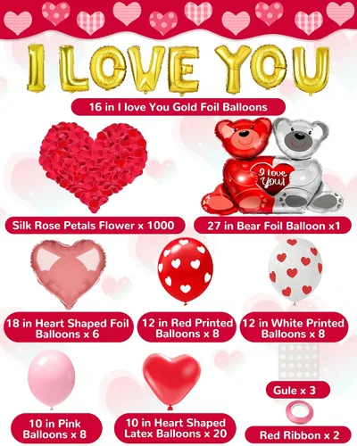 Vista 5 de Lutoys Kit de decoración de globos de San Valentín con globos "I Love You", globos de corazón con 1000 pétalos de rosa roja de seda para el día