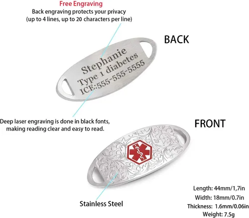 Vista 2 de Pulsera de identificación de alerta médica, cadena de acero inoxidable intercambiable con etiqueta de filigrana, pulseras de identificación