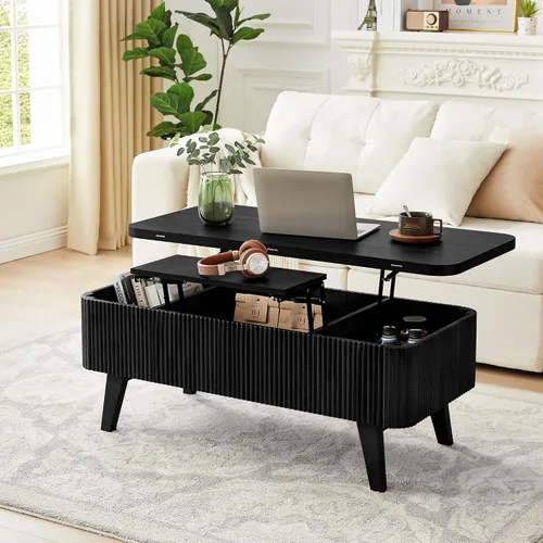 Vista 7 de Mesa auxiliar con parte superior de elevación acanalada, mesas de centro convertibles 3 en 1 que se convierte en mesas de comedor, moderna mesa