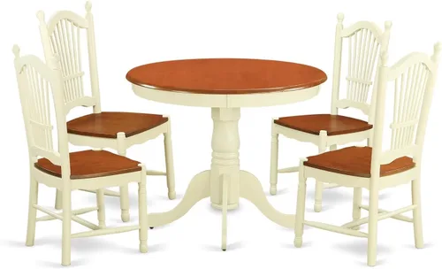 Vista 14 de East West Furniture ANDO3-BCH-W Juego de mesa de comedor de 3 piezas contiene una mesa redonda de madera con pedestal y 2 sillas de comedor
