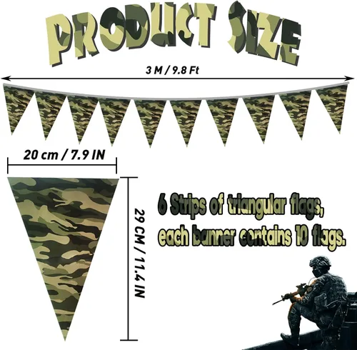 Vista 2 de Banderín de camuflaje de 49 pies, banderas triangulares de camuflaje del ejército para decoraciones de fiesta de cumpleaños Camuflaje militar