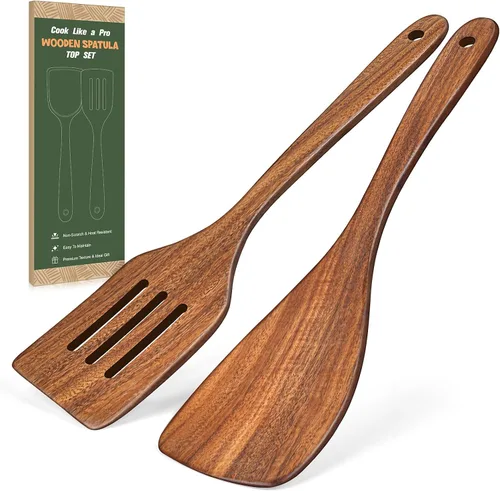 Vista 11 de Espátula de madera para cocinar, espátulas planas de madera de acacia, espátula con mango largo para sartenes antiadherentes, sin arañazos