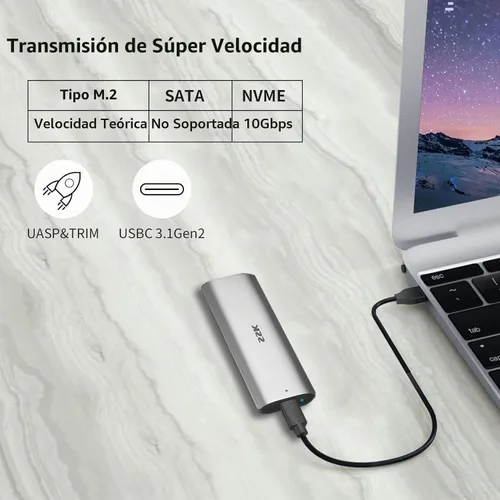 Vista 2 de SSK Adaptador de carcasa SSD M.2 NVME sin herramientas, JMS583 Chip USB C 3.2 Gen 2 10Gbps PCIe MKey Carcasa de unidad de estado sólido externa