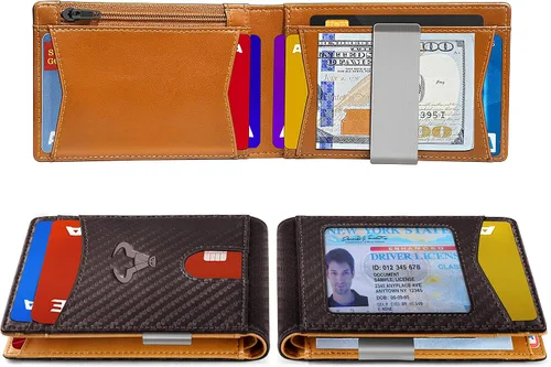 Vista 4 de Cartera Bulliant fina para hombre, cartera de piel para hombre con bolsillo delantero para tarjetas, 7 x 10 x 27cm (3" x 4.3"), 11 tarjetas+clip