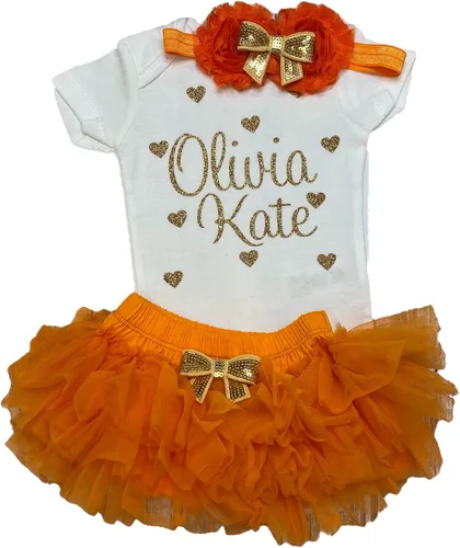 Vista 8 de Traje personalizado de baby girl para baby shower, con nombre personalizado con purpurina y corazón, tutú con diadema y calentadores de piernas