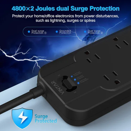 Vista 2 de VINTAR - Protector contra sobretensiones (2 × 4800 julios) con 12 tomas de CA 1875W Output, 6FT Long Extension Cord Flat Plug with Dual Surge