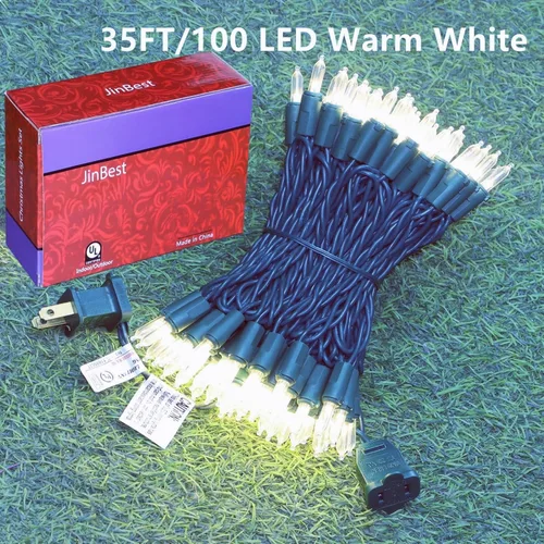 Vista 8 de Guirnalda de 100 Luces LED Blanco Cálido de Cable Verde para Navidad, con Certificación UL y Cadena de Iluminación Decorativa Comercial de 35 Pies