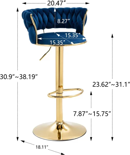 Vista 3 de Juego de 2 taburetes de bar giratorios de altura ajustable y 360, silla de recepción redonda moderna, silla de bar de terciopelo dorado, silla alta