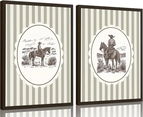 Vista 9 de 2 piezas de arte de pared de vaquero occidental, cuadros de decoración de pared de vaqueros a rayas sobre caballos, impresiones de pósters de lienzo