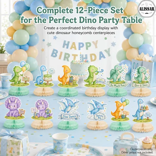 Vista 3 de ALISSAR 12 Pcs Dinosaur Honeycomb Centerpieces, Boy Dino Birthday Decor Blue