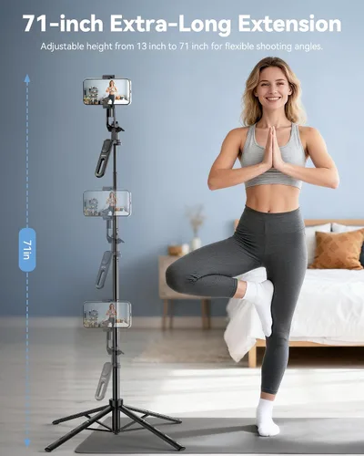 Vista 8 de TECKNET Trípode de teléfono de 71 pulgadas y palo para selfie, soporte de trípode portátil extensible para teléfono celular con control remoto