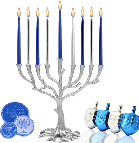 Vista 7 de The Dreidel Company - Velas metálicas azules y plateadas sin goteo de Janucá, 45 velas prémium cónicas decoradas a mano para Janucá, 1 hora