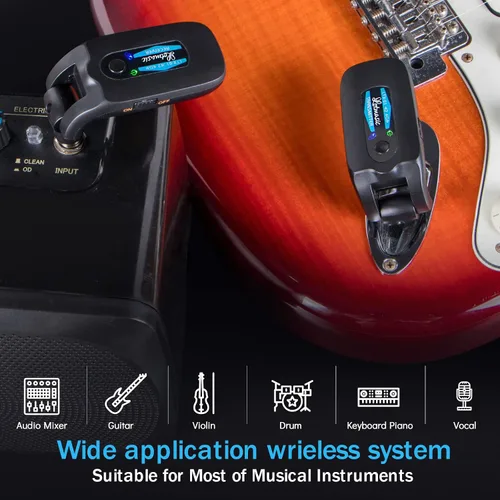 Vista 6 de Sistema de guitarra inalámbrica de 2.4 GHZ, receptor transmisor de guitarra digital inalámbrico recargable con 4 canales y más de 10 horas de Azul