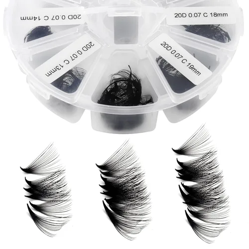Vista 10 de Extensiones de pestañas de 1200 fans, prefabricadas, con volumen, 9-20mm, bandeja mixta, 20D, con punta en C, base puntiaguda, extensiones