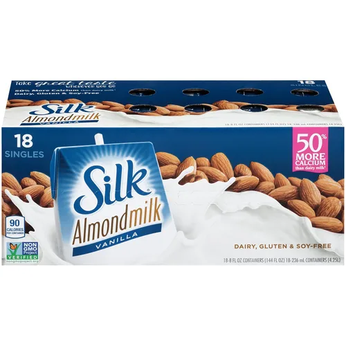 Vista 4 de Silk Leche de almendras estable individual, vainilla, sin lácteos, vegana, sin OMG, proyecto verificado, 8 onzas líquidas (paquete de 18)