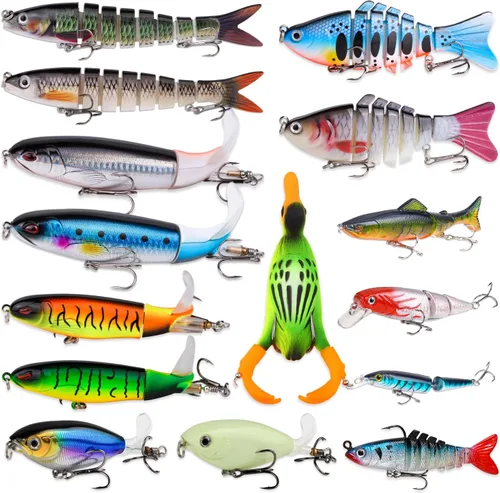 Vista 10 de TSKS Kit de Señuelos Artificiales de Pesca Mixto Incluyendo Minnow de Aleta de Buceo Frontal, Popper de Superficie, Cebos de Manivela, Lápiz VIB