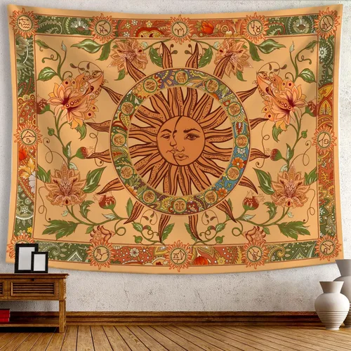 Vista 5 de Tapiz amarillo con sol y luna, vintage, bohemio, para colgar en la pared con girasoles, mariposa, polilla, constelación, tapices de pared