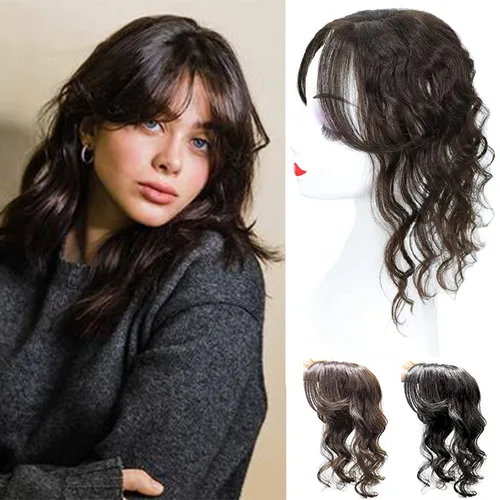 Vista 8 de Peluca de cabello humano rizado tipo tupé para mujer con flequillo lateral/flecos que añaden volumen al cabello, base de seda de 5 x 5 pulgadas