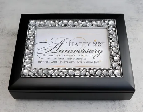 Vista 9 de Ebros Gift Cottage Garden Happy Twenty-quinto 25th Anniversary Burlwood pulido con volutas de plata y piedras preciosas de cristal, baratija, caja