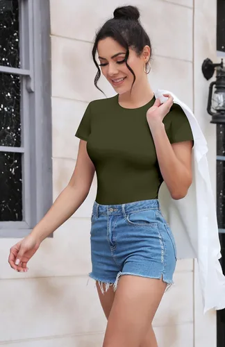 Vista 3 de SHEIUGU Camiseta de manga corta con cuello redondo para mujer, ajustada, básica, leotardo