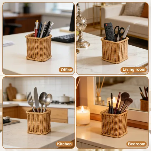 Vista 7 de Yardwe Portalápices tejido de 4 pulgadas, caja de almacenamiento decorativa de papelería para organizador de escritorio de oficina y contenedor