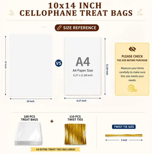 Vista 2 de QOIUSO 100 piezas de bolsas de celofán transparentes: bolsas de celofán de 10x14 pulgadas con lazos para embalar dulces, galletas y regalos, bolsas