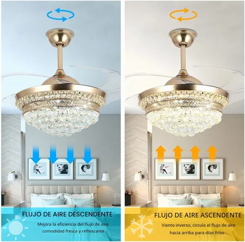Vista 4 de Lámpara de techo invisible de 42 pulgadas con luz, ventilador de techo de cristal moderno, control remoto, 4 aspas retráctiles de ABS para Dorado