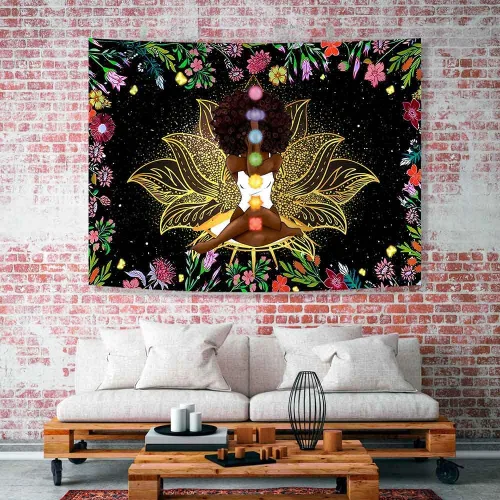 Vista 4 de Ine Ive Tapiz de chakra africano, mujer afroamericana, tapices de meditación zen, 40 x 30 pulgadas, cielo estrellado, flores, jardín, inspirador