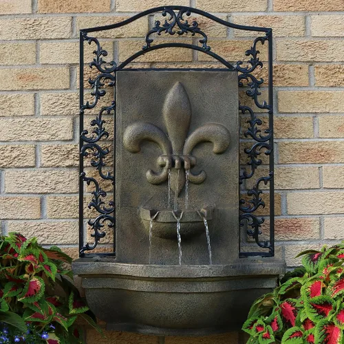 Vista 2 de Sunnydaze French Lily - Fuente de agua de pared Polystone de 33 pulgadas para exteriores, bomba sumergible eléctrica, acabado de piedra florentina