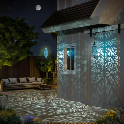 Vista 5 de Twinkya Paquete de 2 luces solares colgantes para jardín, farol solar decorativo para exteriores, impermeables, de metal, marroquí, decoraciones al