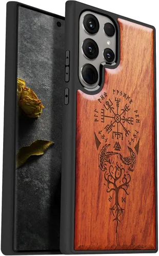 Vista 9 de Carveit Funda de madera para Galaxy S24 Ultra, bandera americana Bandera americana-Madera oscura
