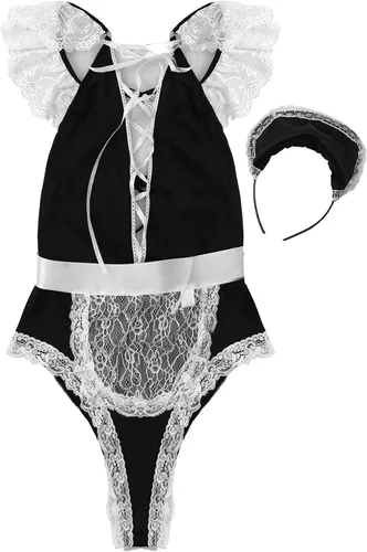 Vista 6 de iiniim Womens Lace Up Criss Cross Lingerie Teddies French Maid Fantasy Cosplay Costume
