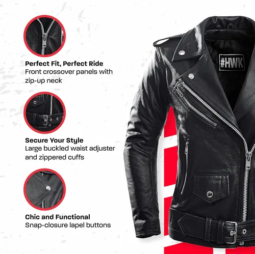 Vista 3 de HWK Brando - Chaqueta de cuero para motocicleta, para mujer, chaqueta de cuero genuino para montar en moto resistente al clima y al agua