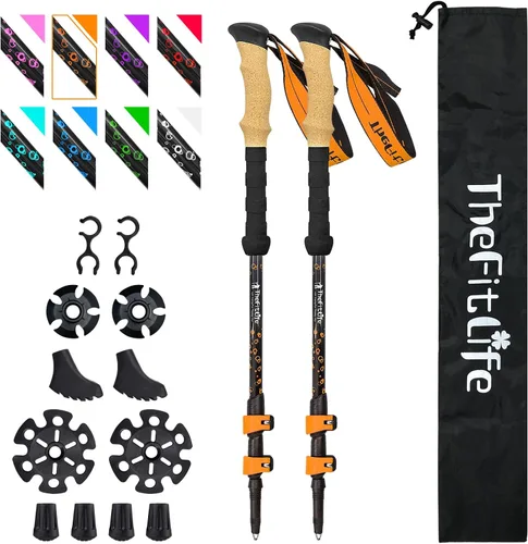 Vista 8 de Bastones de senderismo de fibra de carbono TheFitLife – Bastón de senderismo plegable y telescópico con mango de corcho natural y empuñaduras EVA