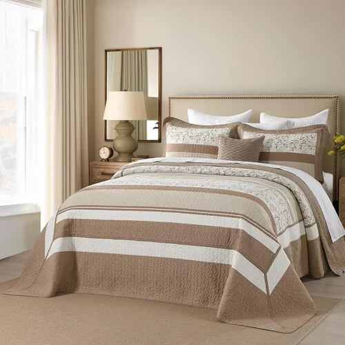 Vista 2 de Finlonte - Juego de cama de 3 piezas con edredón/cubrecama acolchado tamaño queen, 100% algodón, 260x305 cm, a cuadros florales de granja