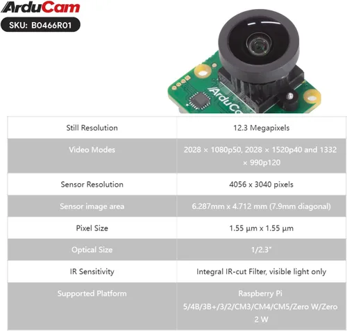 Vista 2 de Arducam Cámara Raspberry Pi HQ de 12.3 MP, módulo de cámara Pi de 477 M con lente gran angular M12 de 158 ° (D) compatible con Pi5/4B/3/3B+/Zero 2W