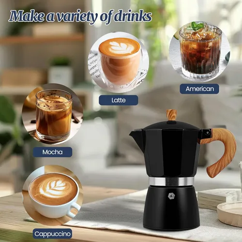 Vista 6 de Moka Pot - Cafetera italiana de aluminio de 15.2 fl oz, cafetera para estufa, cafetera espresso Mocha Pot (negro, 3 tazas)