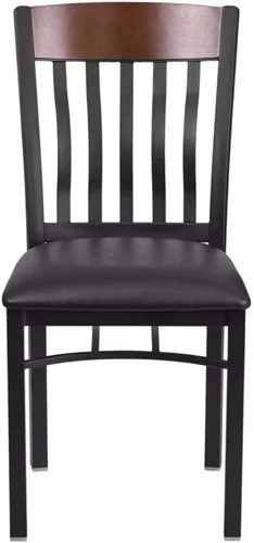 Vista 5 de Flash Furniture Eclipse Series Silla de restaurante con respaldo vertical de metal negro y madera de nogal con asiento de vinilo negro