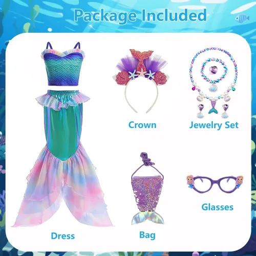 Vista 3 de Disfraz de sirena para niñas, disfraz de princesa para cumpleaños, cosplay, disfraces de Halloween con accesorios