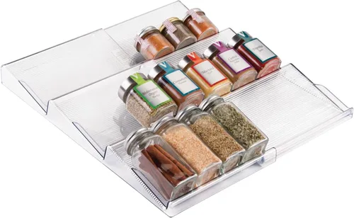 Vista 11 de mDesign - Estante de especias de plástico ajustable y expandible, organizador de cajón para gabinetes de cocina, 3 niveles inclinados para ajo, sal