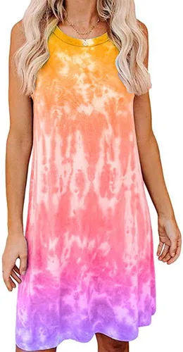 Vista 2 de Women's Casual Tie Dye Short Dress Crew Neck Sleeveless Loose T Shirt Mini Dress