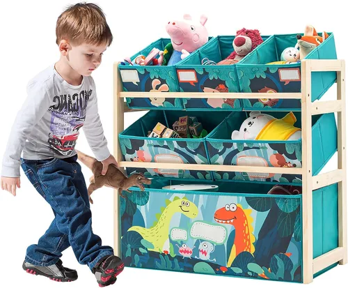 Vista 6 de Jomifin Organizador de almacenamiento de juguetes para niños con 6 cubos grandes de almacenamiento para juguetes, estante de juguetes de madera