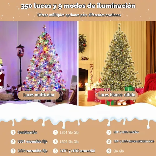 Vista 2 de Goplus Árbol de Navidad de 6 pies preiluminado artificial, árbol de Navidad con bisagras con conector de alimentación rápida de 360°, 350 luces LED
