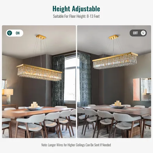 Vista 7 de Lámpara rectangular moderna de cristal dorado de 47 pulgadas para Montaje colgante