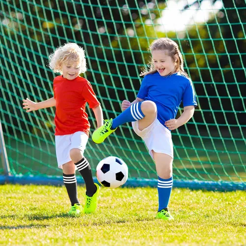 Vista 6 de BQUBO - Calcetines de fútbol para niños pequeños, calcetines de algodón a rayas hasta la rodilla, calcetines de tubo largo para niños y niñas de 3 a