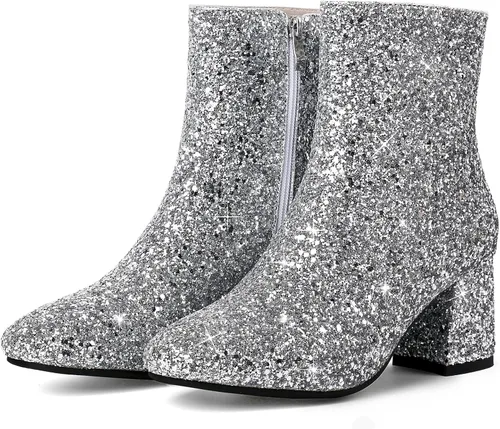 Vista 3 de MAVMAX Botines brillantes con lentejuelas para mujer, tacones gruesos, botines brillantes