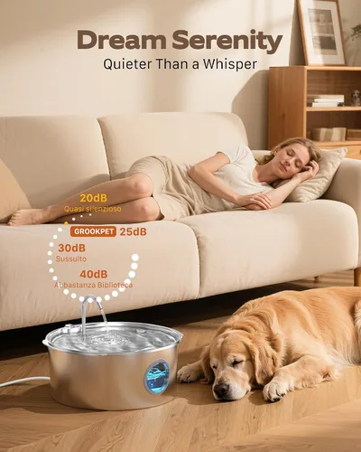 Vista 5 de Fuente de agua para mascotas para perros grandes: fuente de agua de metal para perros, fuentes silenciosas para gatos grandes para beber, fuente